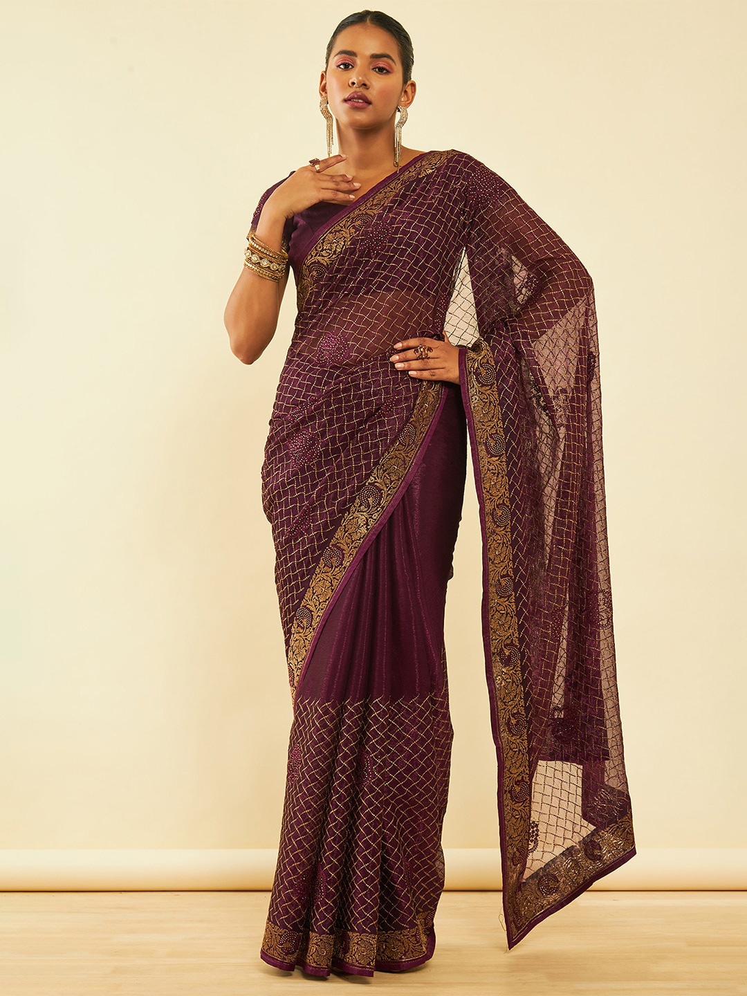 

Soch Maroon Zari Pure Chiffon Fusion Saree