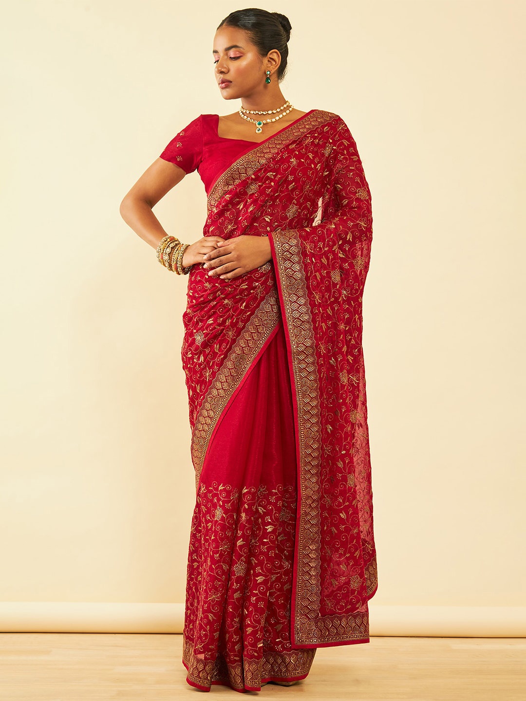 

Soch Maroon Floral Embroidered Zari Pure Chiffon Saree