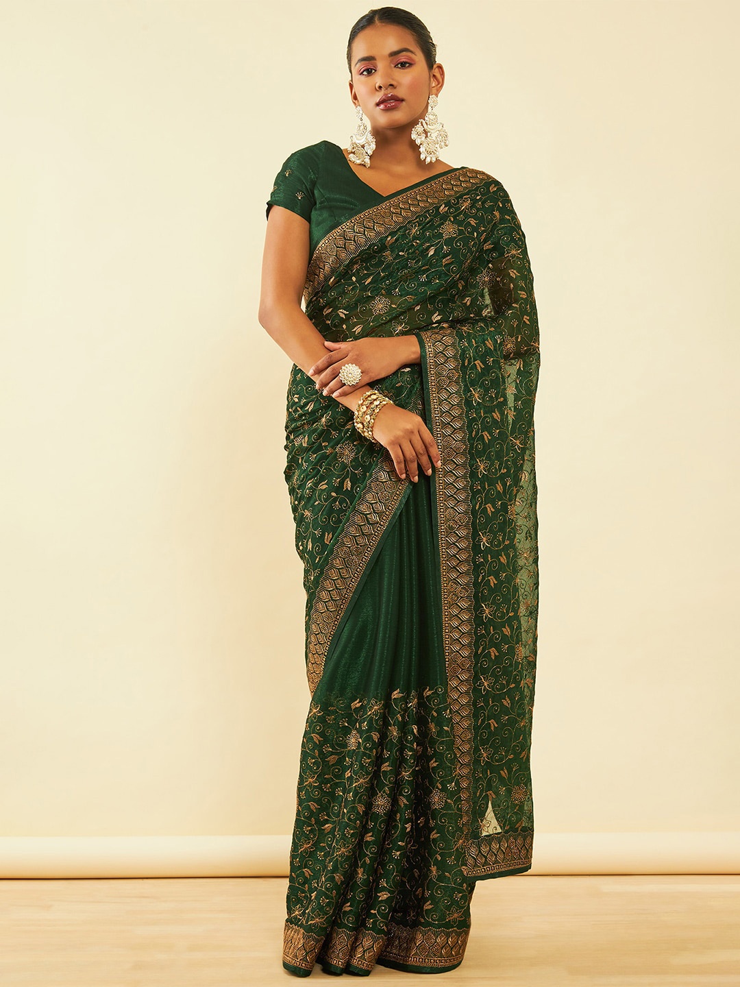 

Soch Green Zari Floral Embroidered Pure Chiffon Fusion Saree