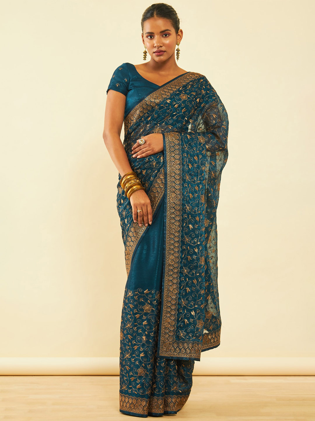 

Soch Blue Floral Embroidered Zari Pure Chiffon Saree