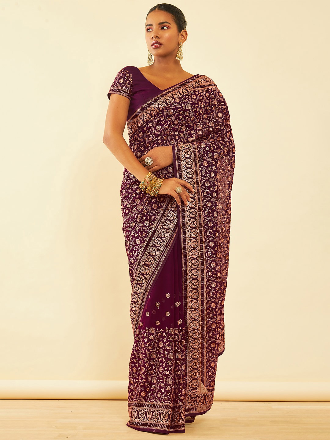 

Soch Maroon Floral Embroidered Zari Pure Chiffon Saree
