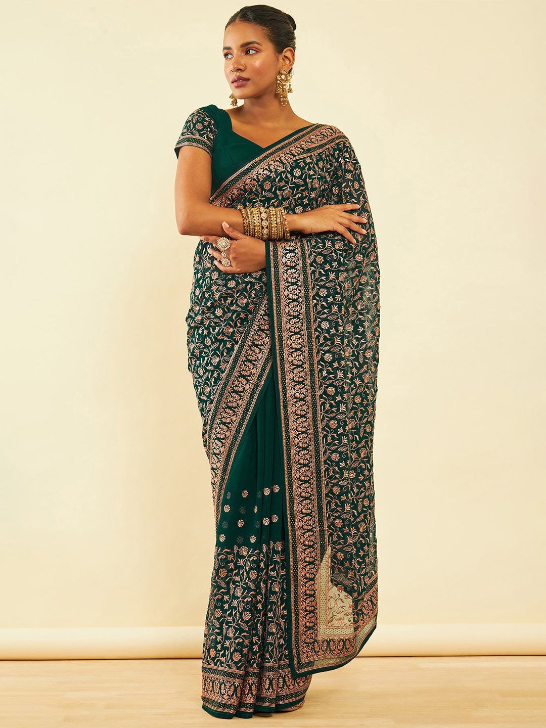 

Soch Zari Floral Embroidered Pure Chiffon Saree, Green
