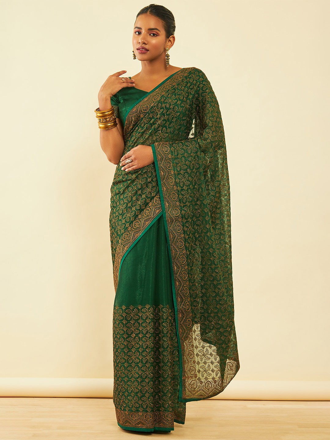 

Soch Zari Embroidered Pure Chiffon Saree, Green