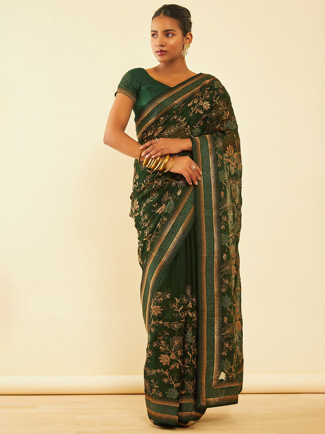 

Soch Green Floral Embroidered Zari Pure Chiffon Saree