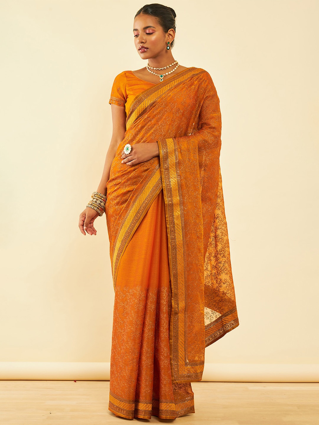 

Soch Mustard Yellow Floral Embroidered Zari Pure Chiffon Saree