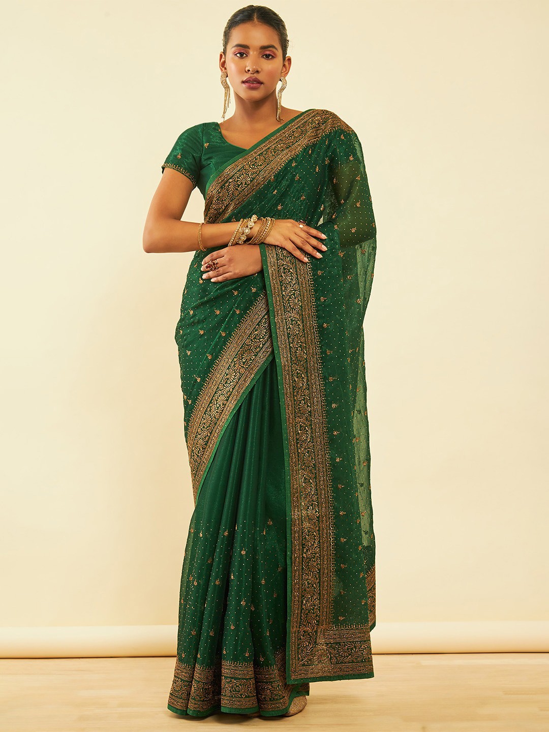 

Soch Ethnic Motifs Embroidered Zari Pure Chiffon Saree, Green