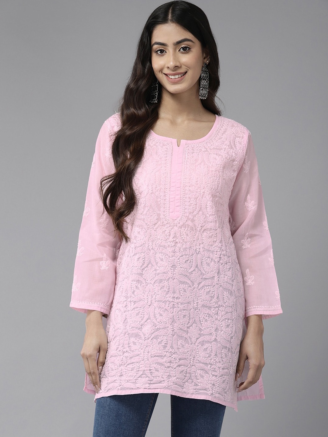 

ADA Ethnic Motifs Embroidered Chikankari Pure Cotton Chikankari Kurti, Pink