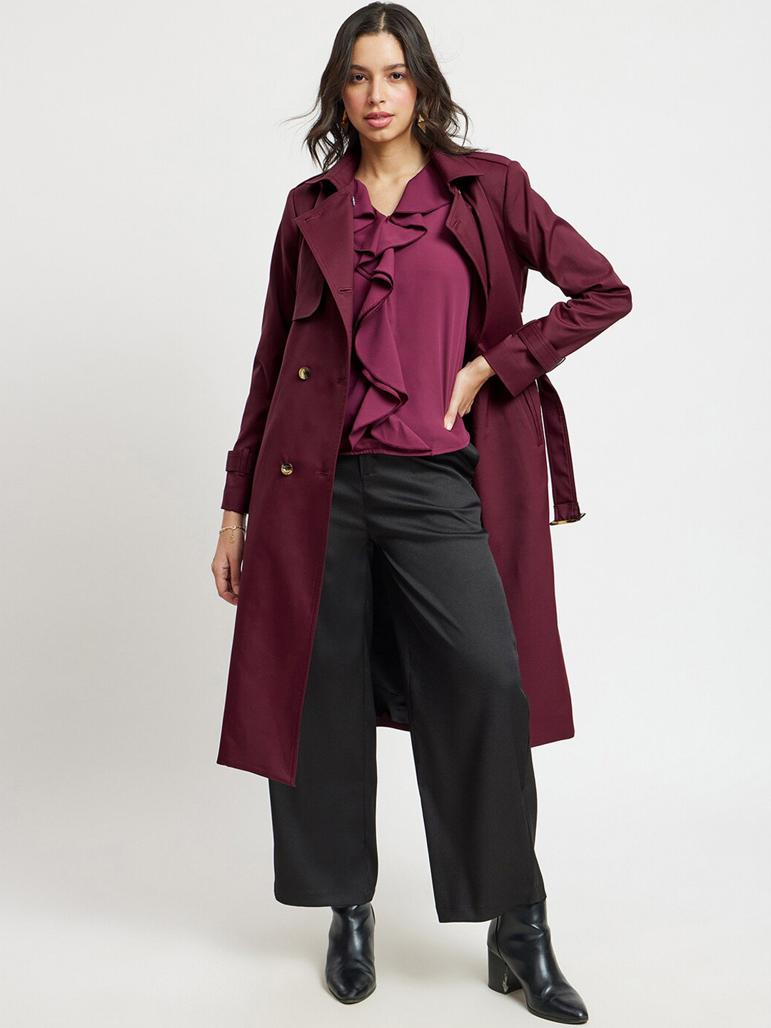 

FableStreet Tailored Fit Double-Breasted Trench Coat, Maroon