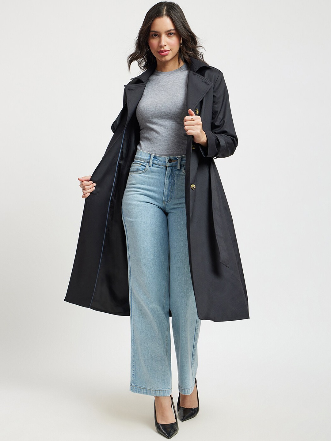 

FableStreet Double-Breasted Longline Trench Coat, Black