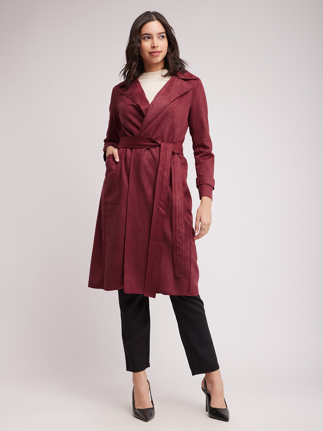 

FableStreet Single Breasted Notched Lapel Longline Overcoat, Maroon