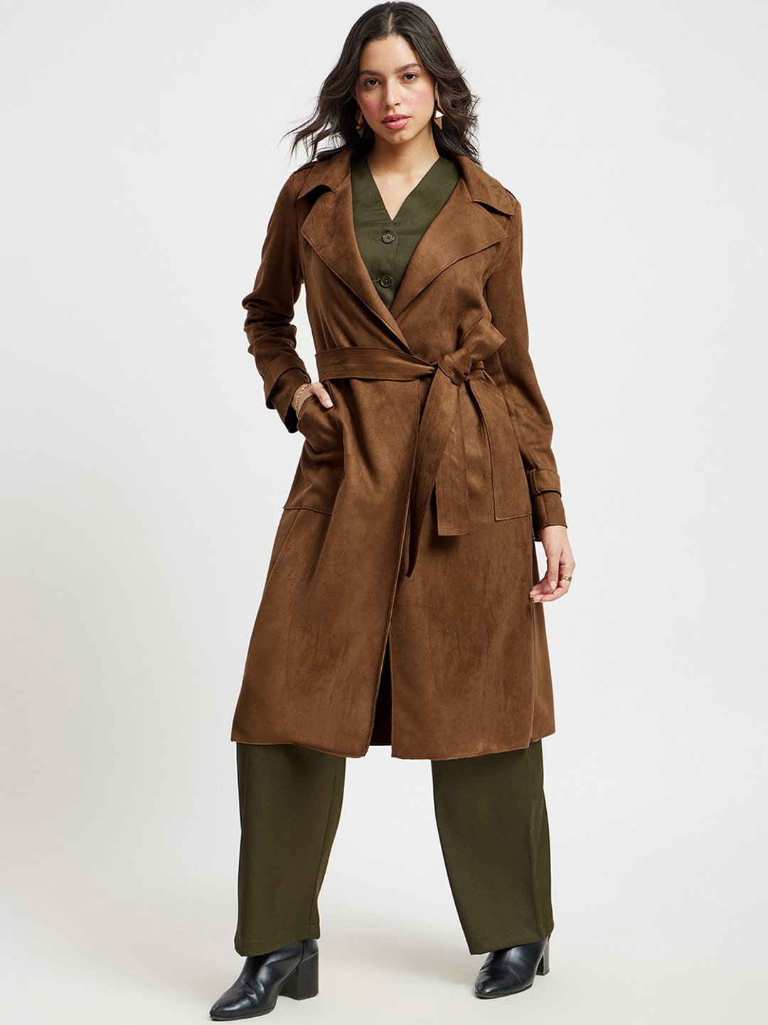 

FableStreet Single Breasted Notched Lapel Longline Overcoat, Tan
