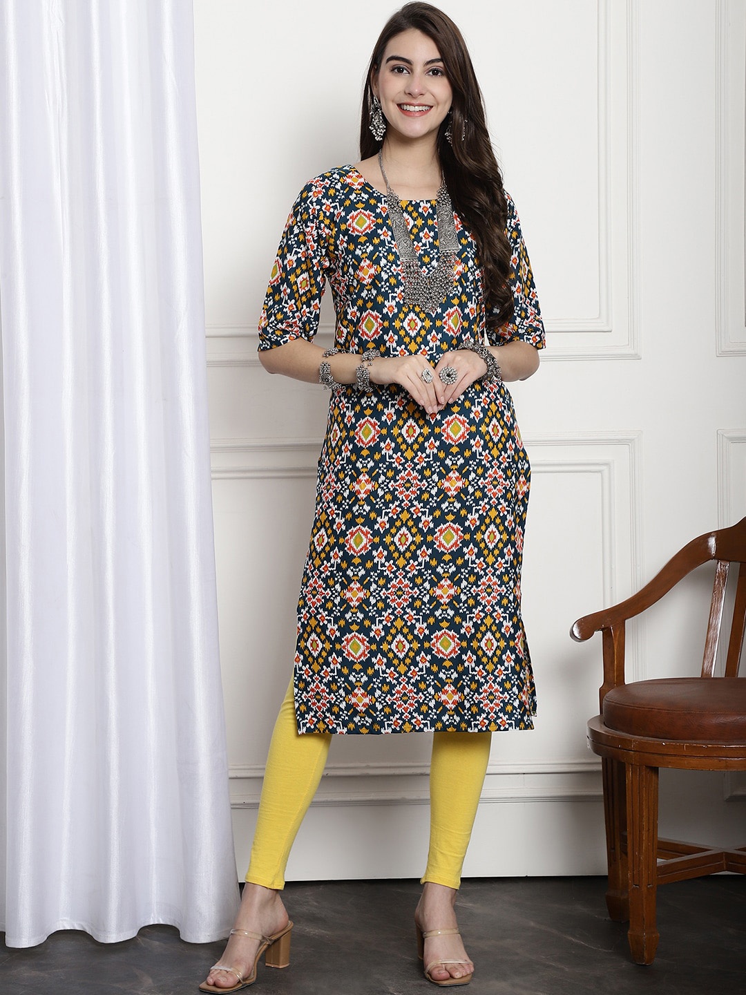 

7Threads Ethnic Motifs Printed Straight Kurta, Teal