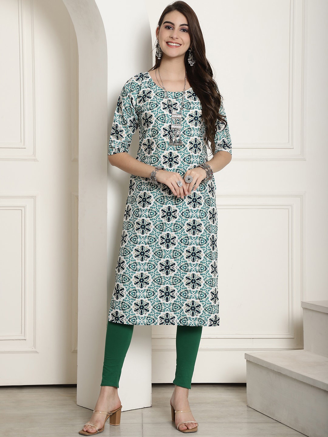 

7Threads Ethnic Motifs Printed Round Neck Short Sleeves Crepe Straight Kurta, Teal