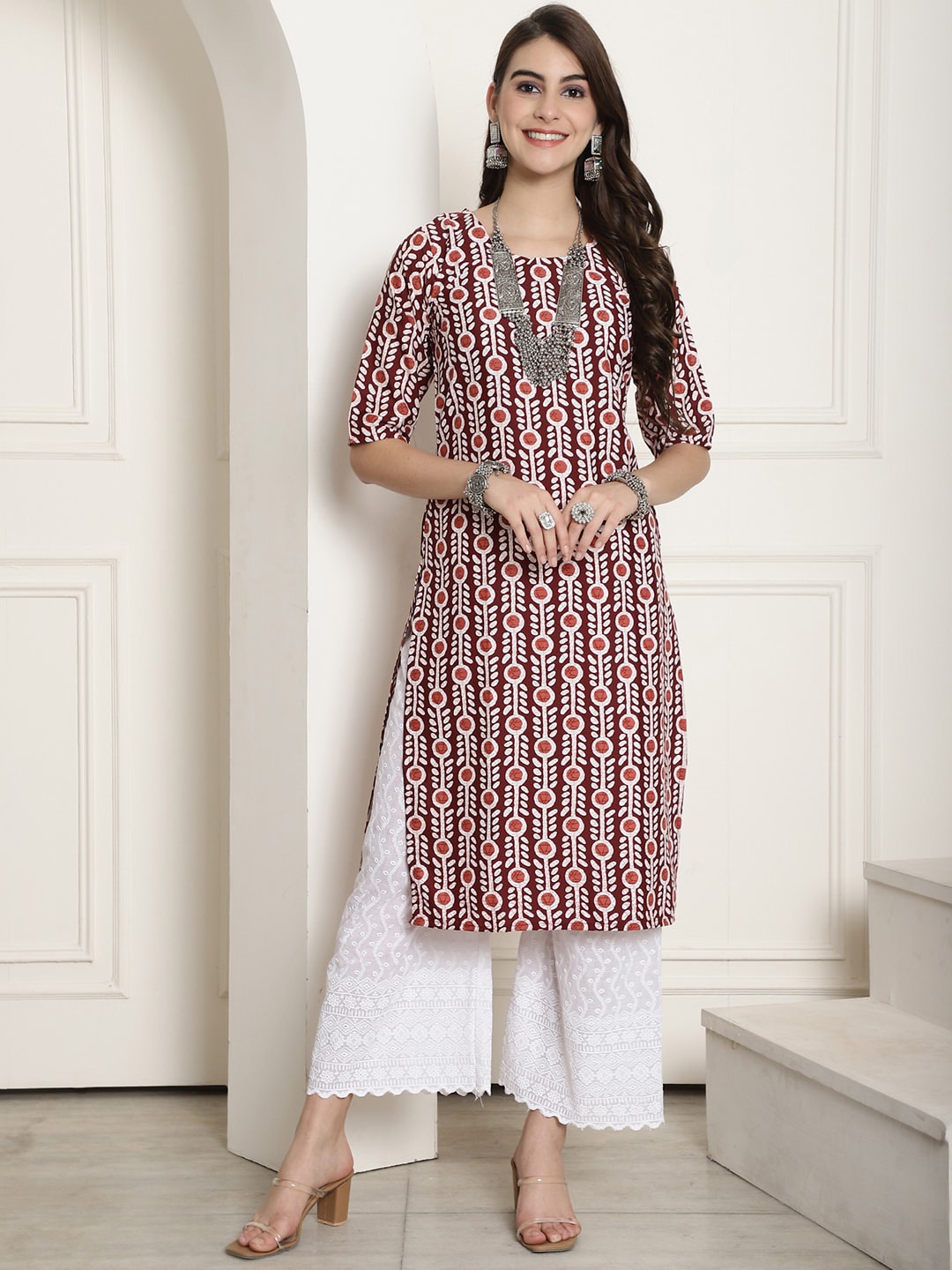 

7Threads Floral Printed Straight Kurta, Beige