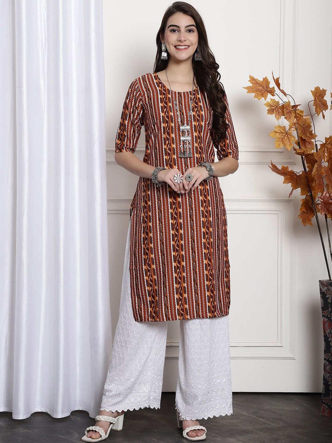 

7Threads Ethnic Motifs Printed Straight Kurta, Brown