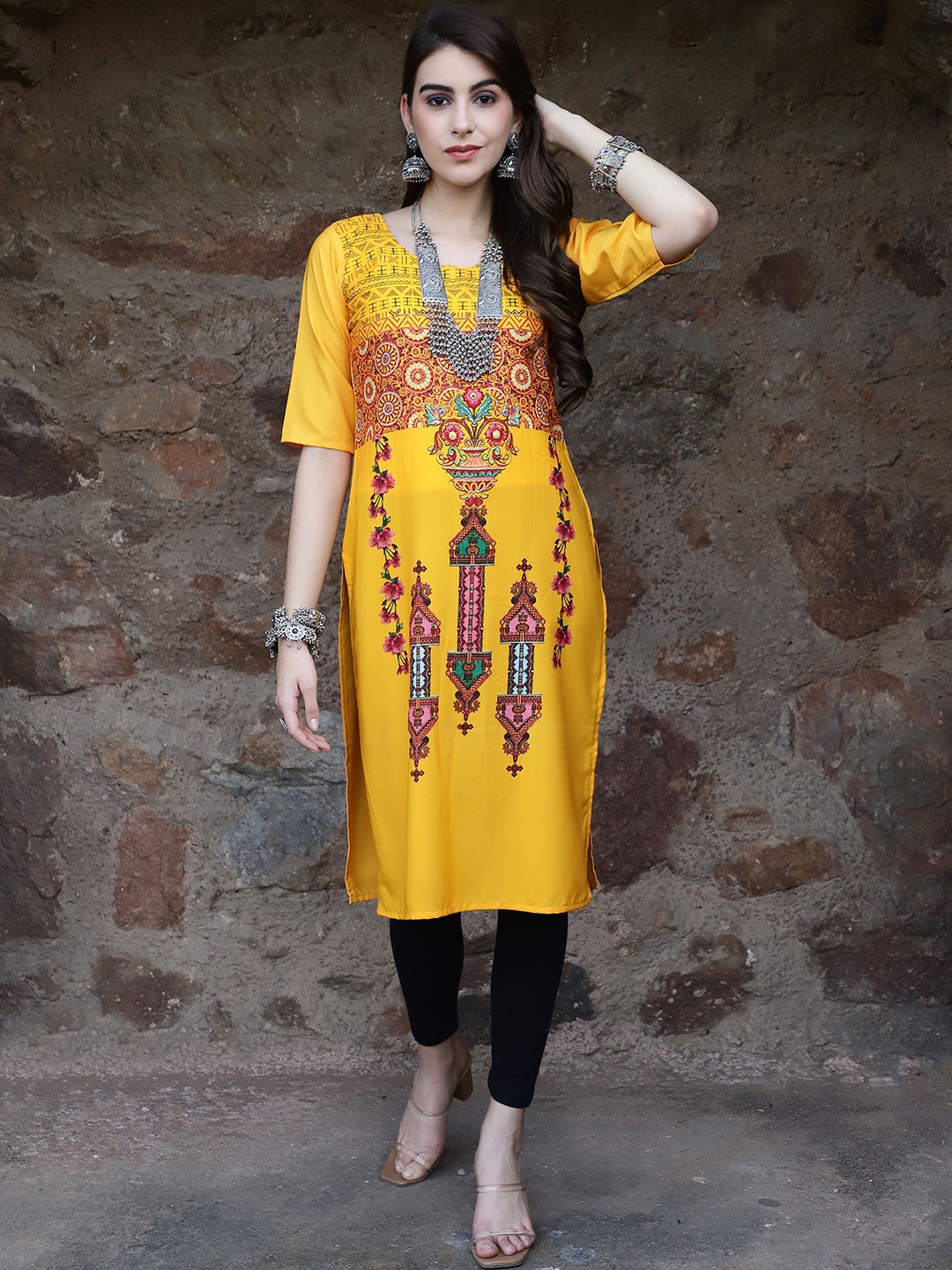 

7Threads Ethnic Motifs Printed Round Neck Short Sleeves Crepe Straight Kurta, Yellow