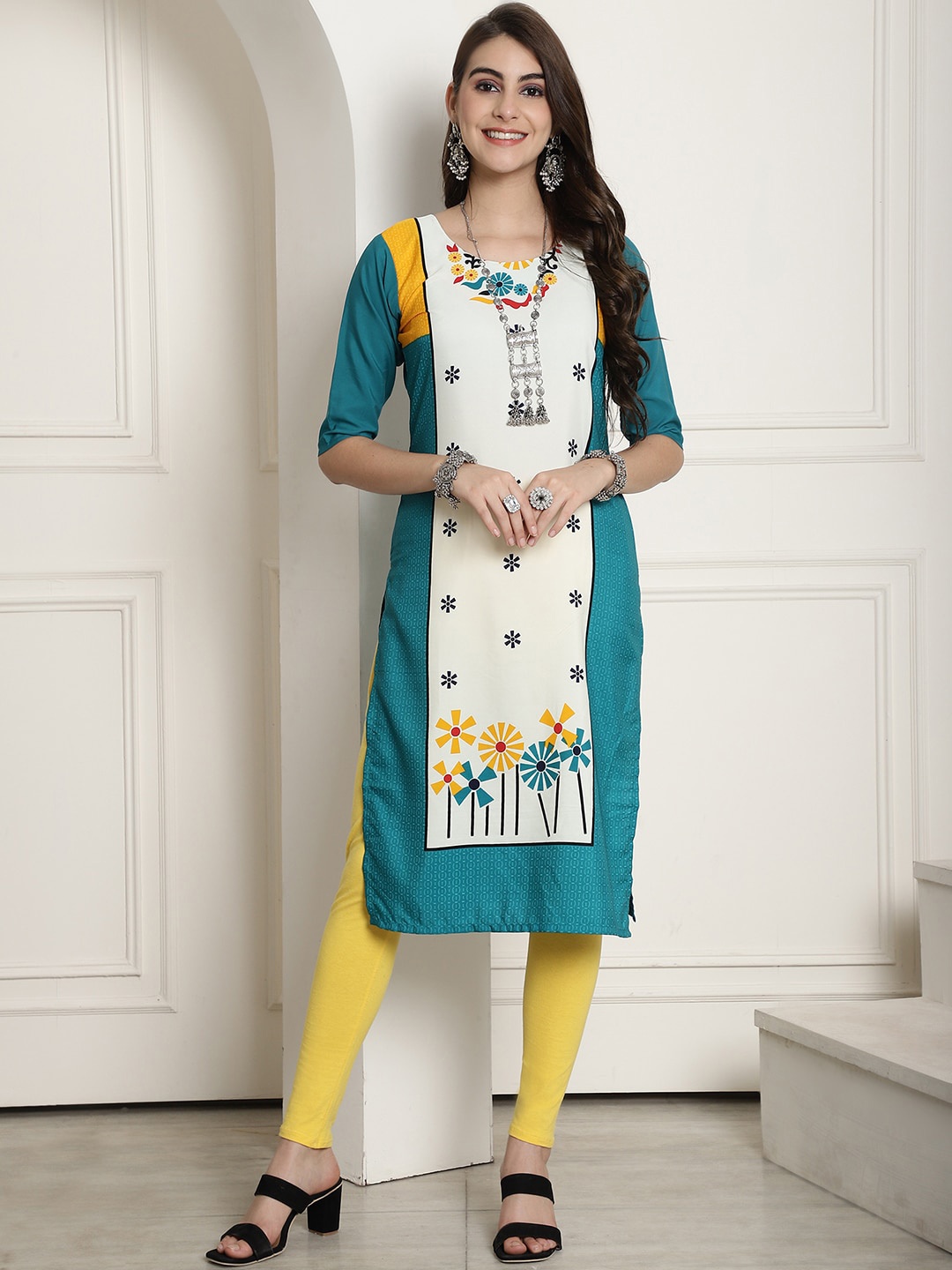 

7Threads Ethnic Motifs Printed Straight Kurta, Teal