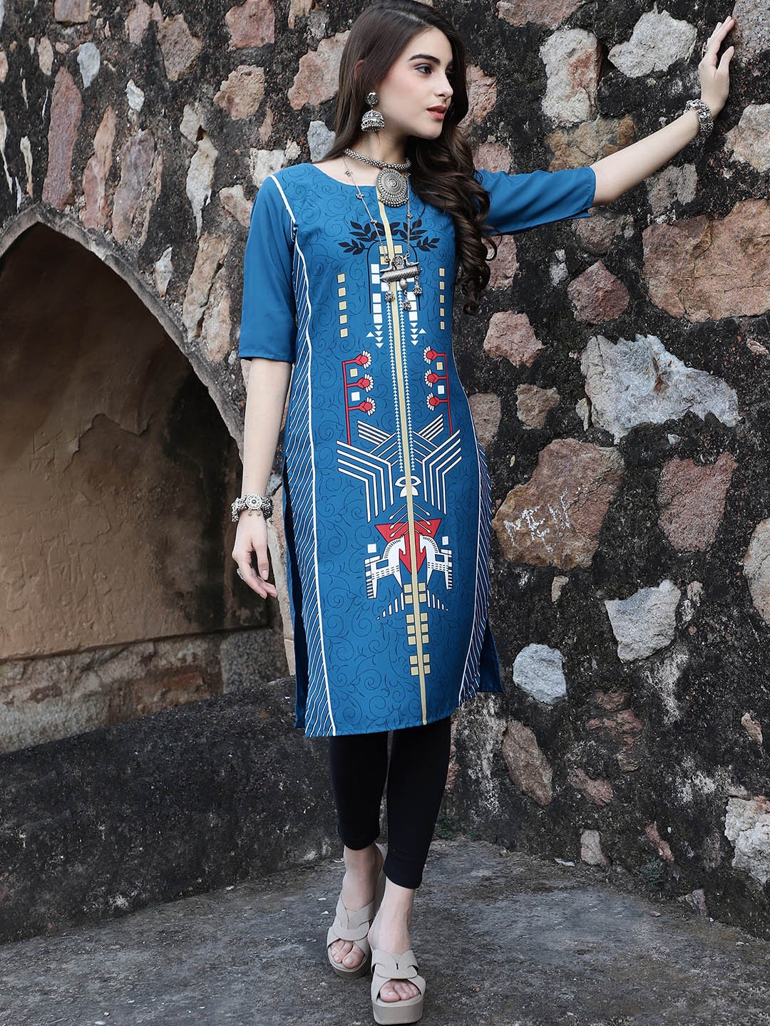 

7Threads Ethnic Motifs Printed Round Neck Short Sleeves Crepe Straight Kurta, Blue