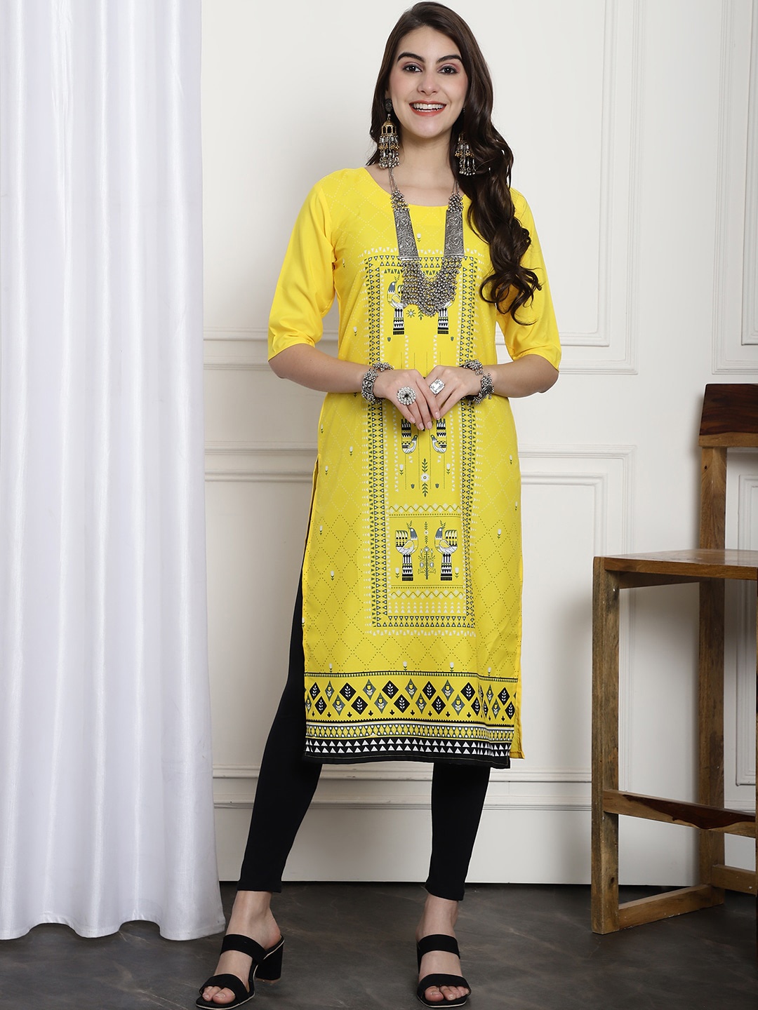 

7Threads Ethnic Motifs Printed Summer Sheers Crepe Kurta, Yellow