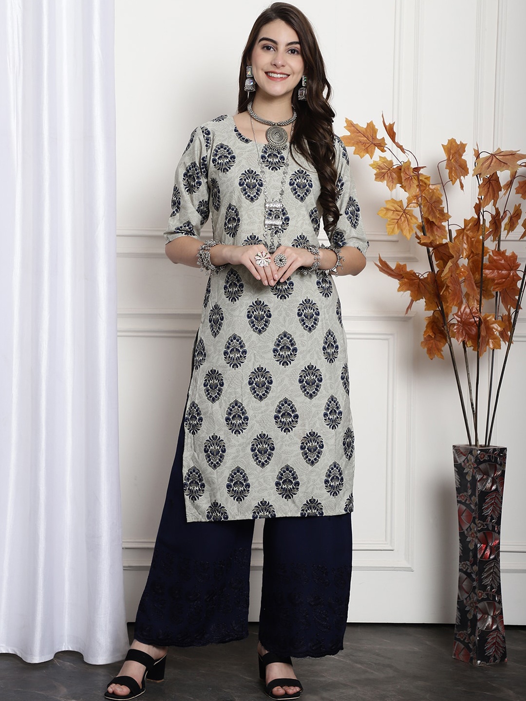 

7Threads Ethnic Motifs Printed Round Neck Short Sleeves Crepe Straight Kurta, Olive