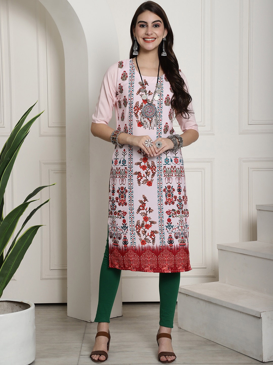 

7Threads Floral Printed Straight Kurta, Pink