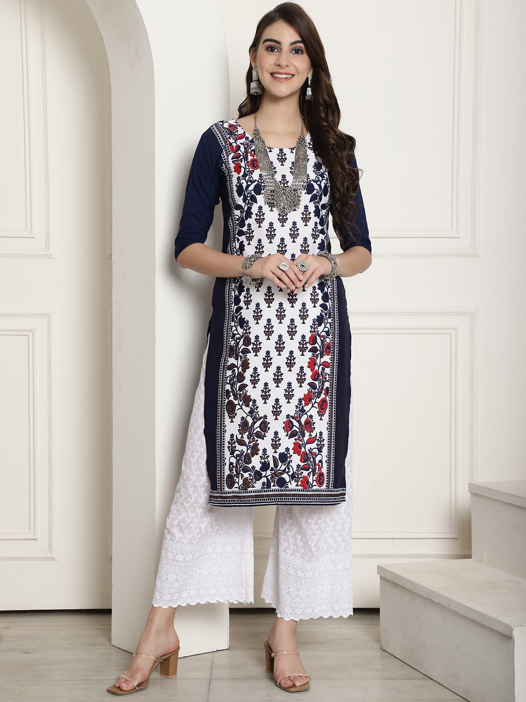 

7Threads Ethnic Motifs Printed Straight Kurta, Navy blue