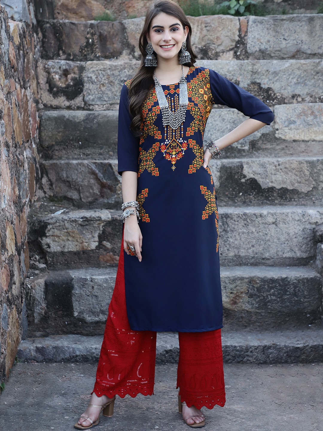 

7Threads Ethnic Motifs Printed Straight Kurta, Navy blue