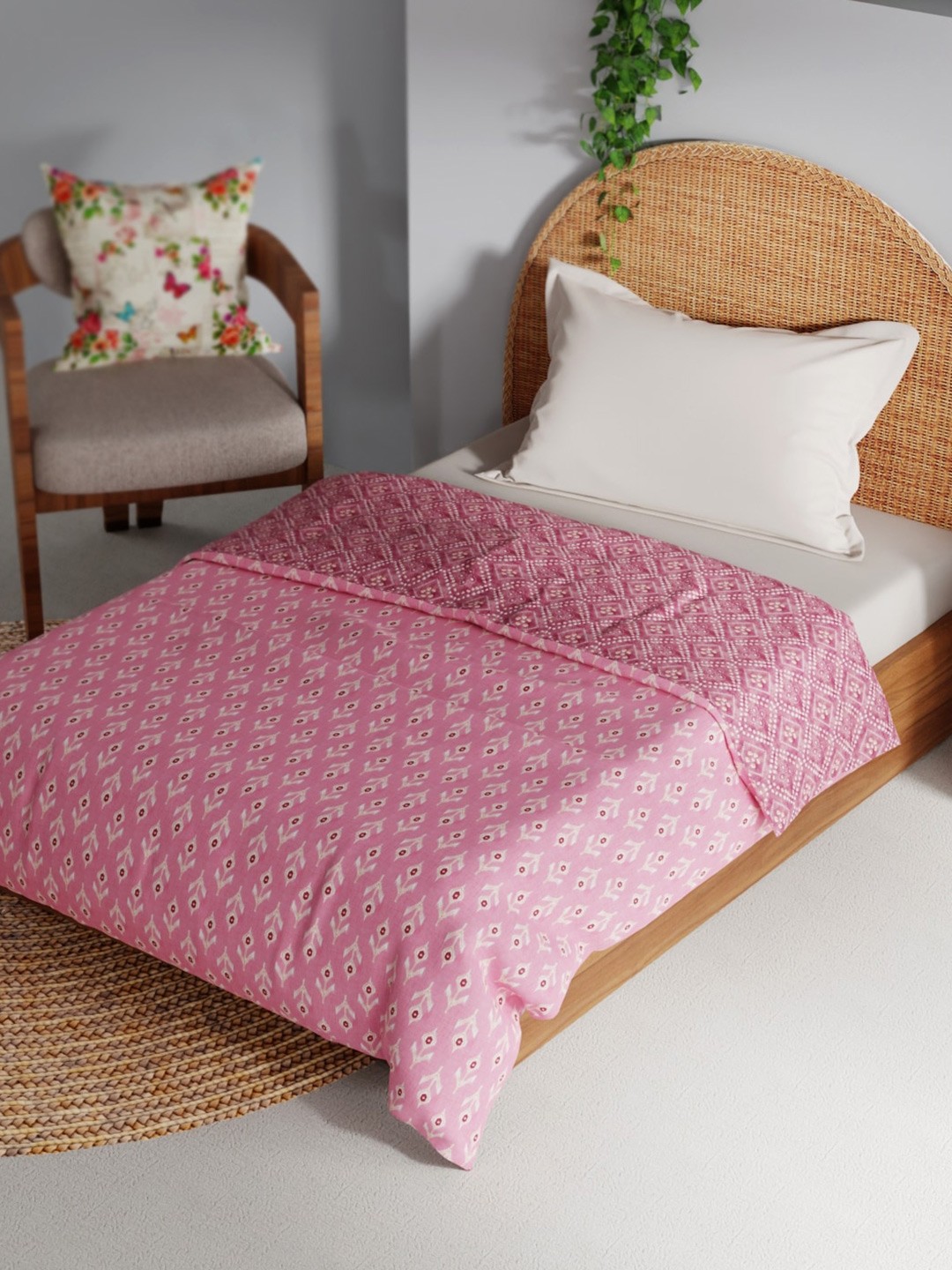 

BIANCA Peach-Coloured Floral Cotton AC Room 150 GSM Single Bed Dohar