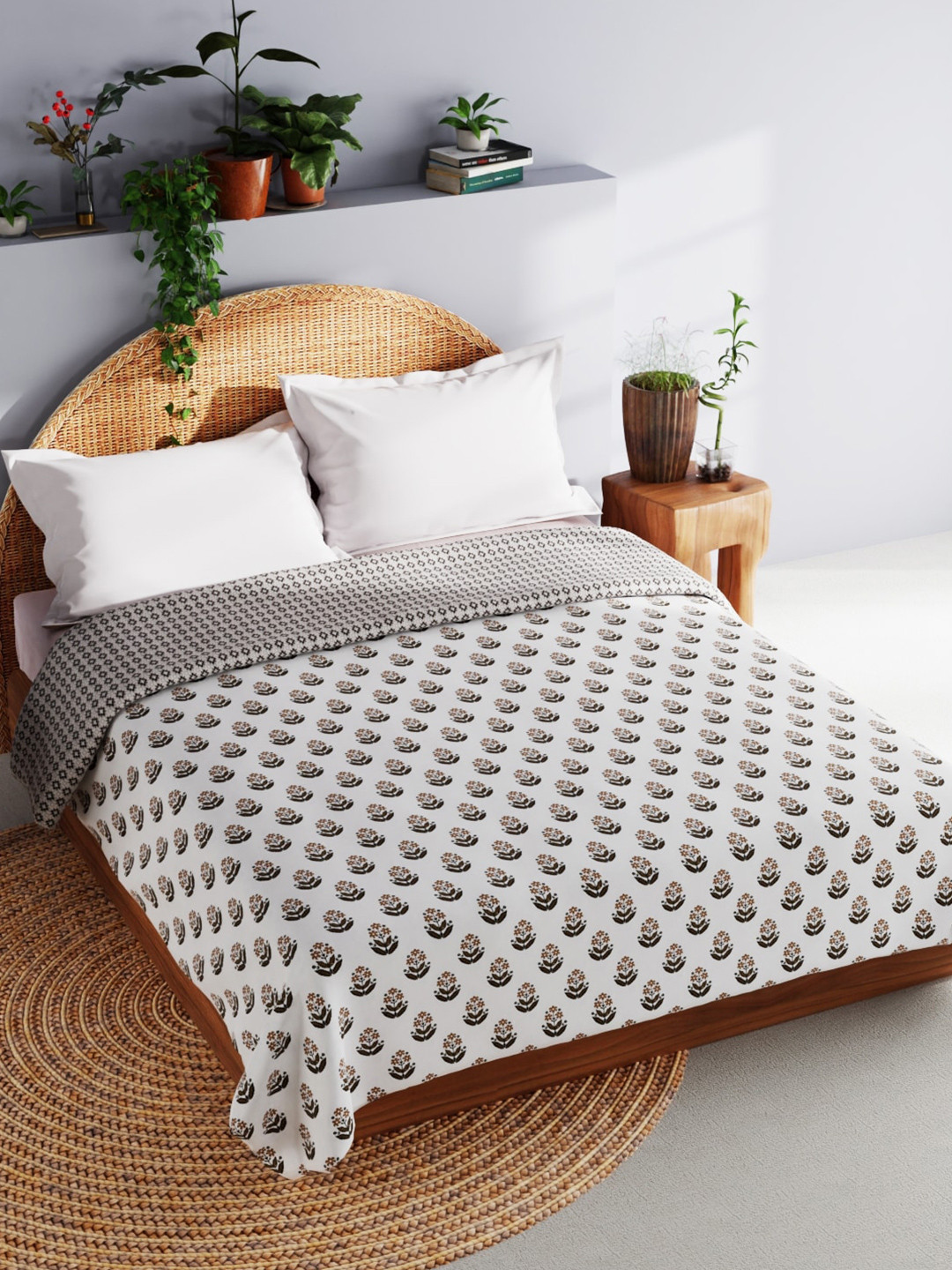 

BIANCA Mezzo White & Brown Floral AC Room Cotton 150 GSM Double Bed Dohar