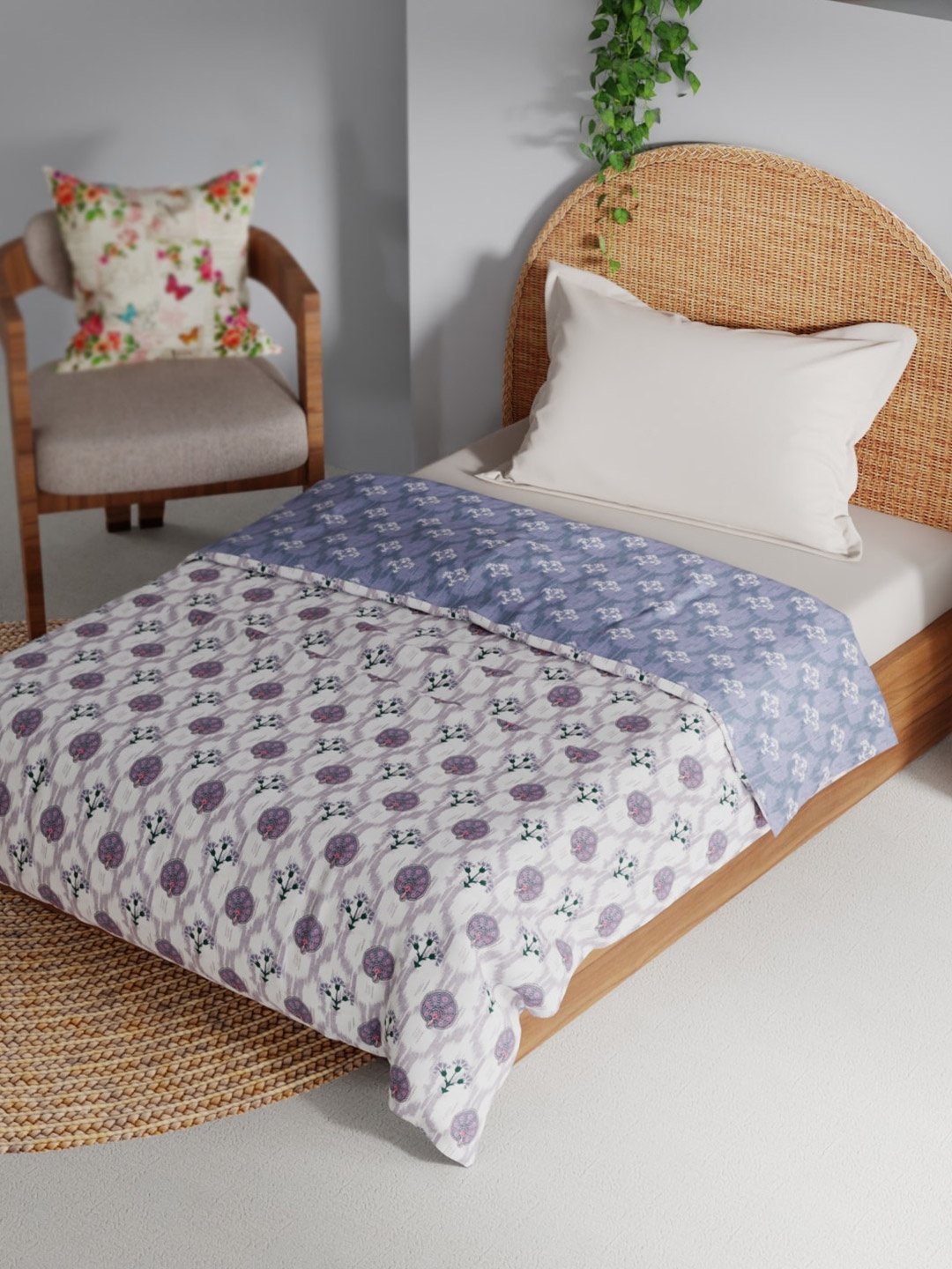 

BIANCA White & Purple Floral Pure Cotton AC Room 150 GSM Single Bed Dohar