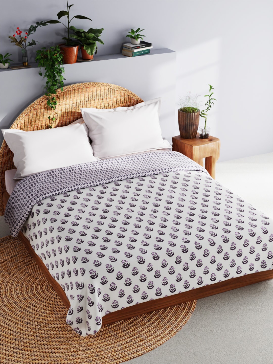 

BIANCA Mezzo White & Purple Floral Cotton AC Room 150 GSM Double Bed Dohar