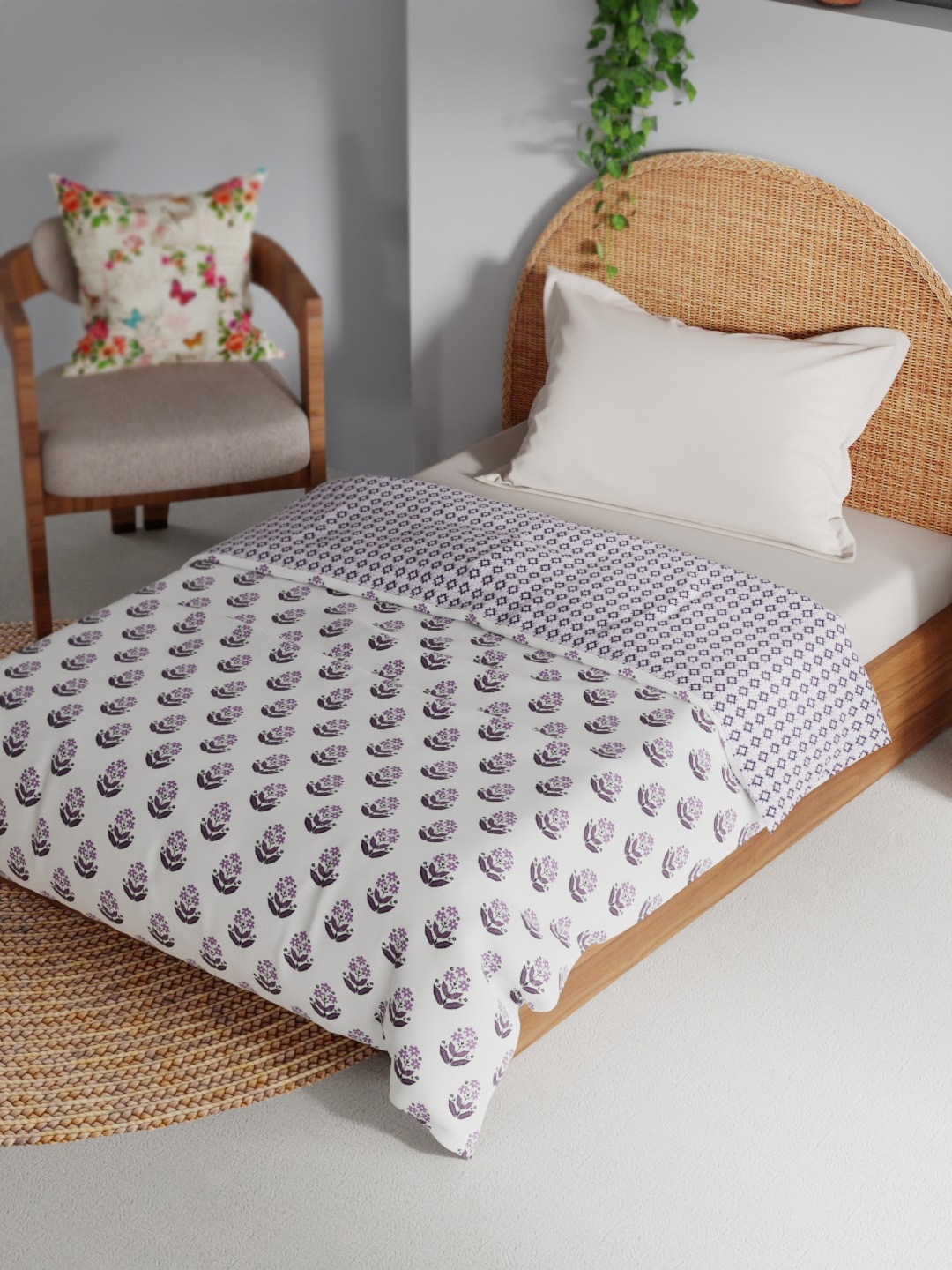 

BIANCA Mezzo White & Purple Floral Cotton AC Room 150 GSM Single Bed Dohar