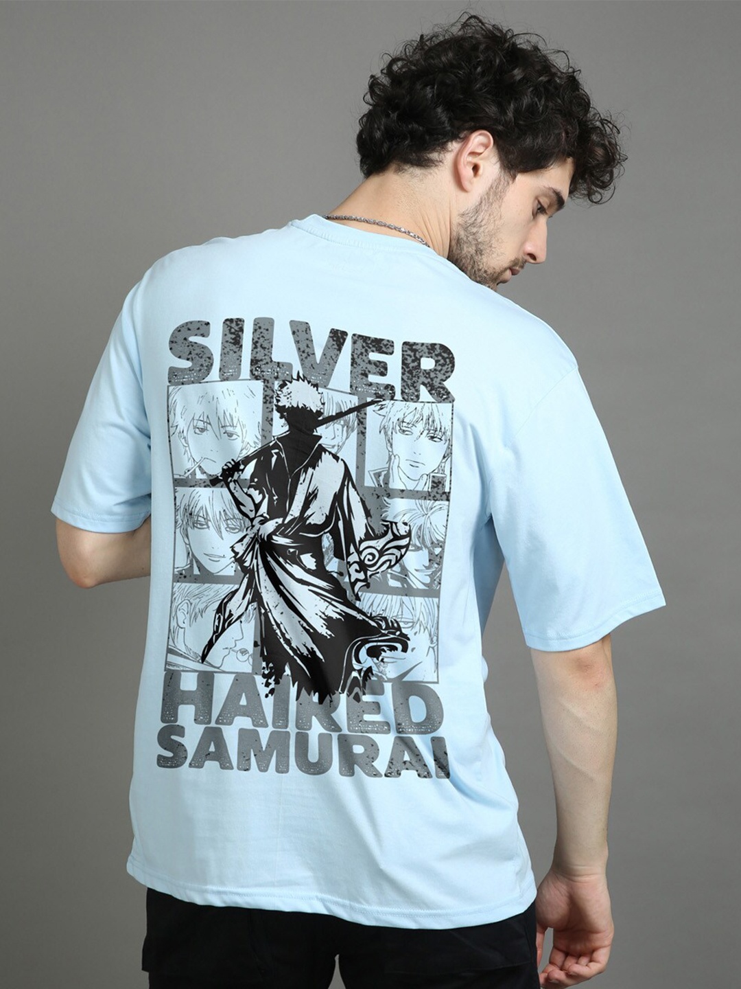 

Bushirt Silver Haired Samurai Printed Oversized Cotton T-shirt, Blue