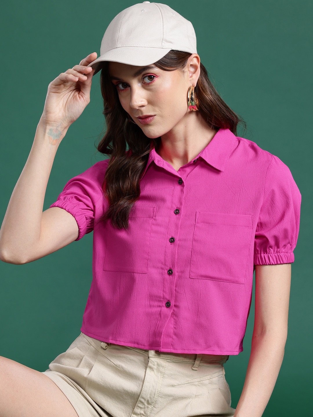 

DressBerry Solid Puff Sleeve Crepe Shirt Style Top, Fuchsia