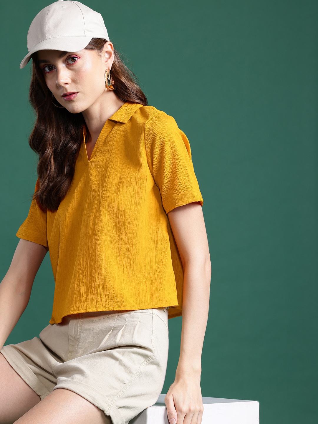 

DressBerry Solid Crepe Regular Top, Mustard