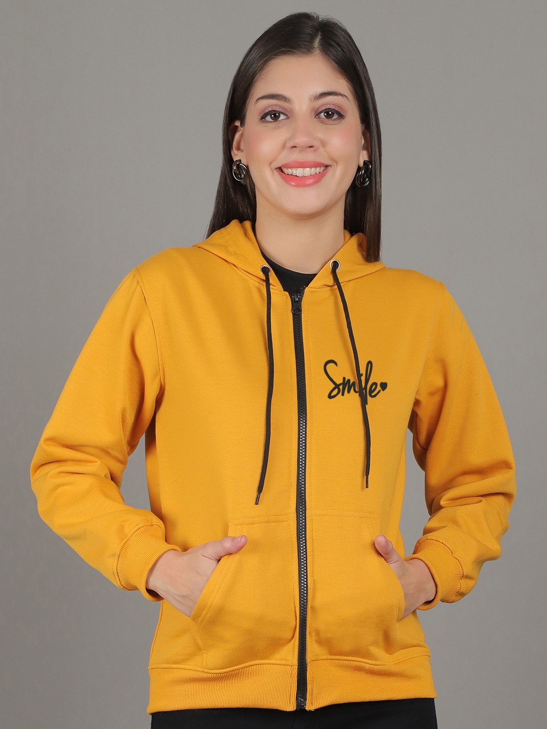 

GRACIT Printed Fleece Hooded Front-Open Sweatshirt, Yellow