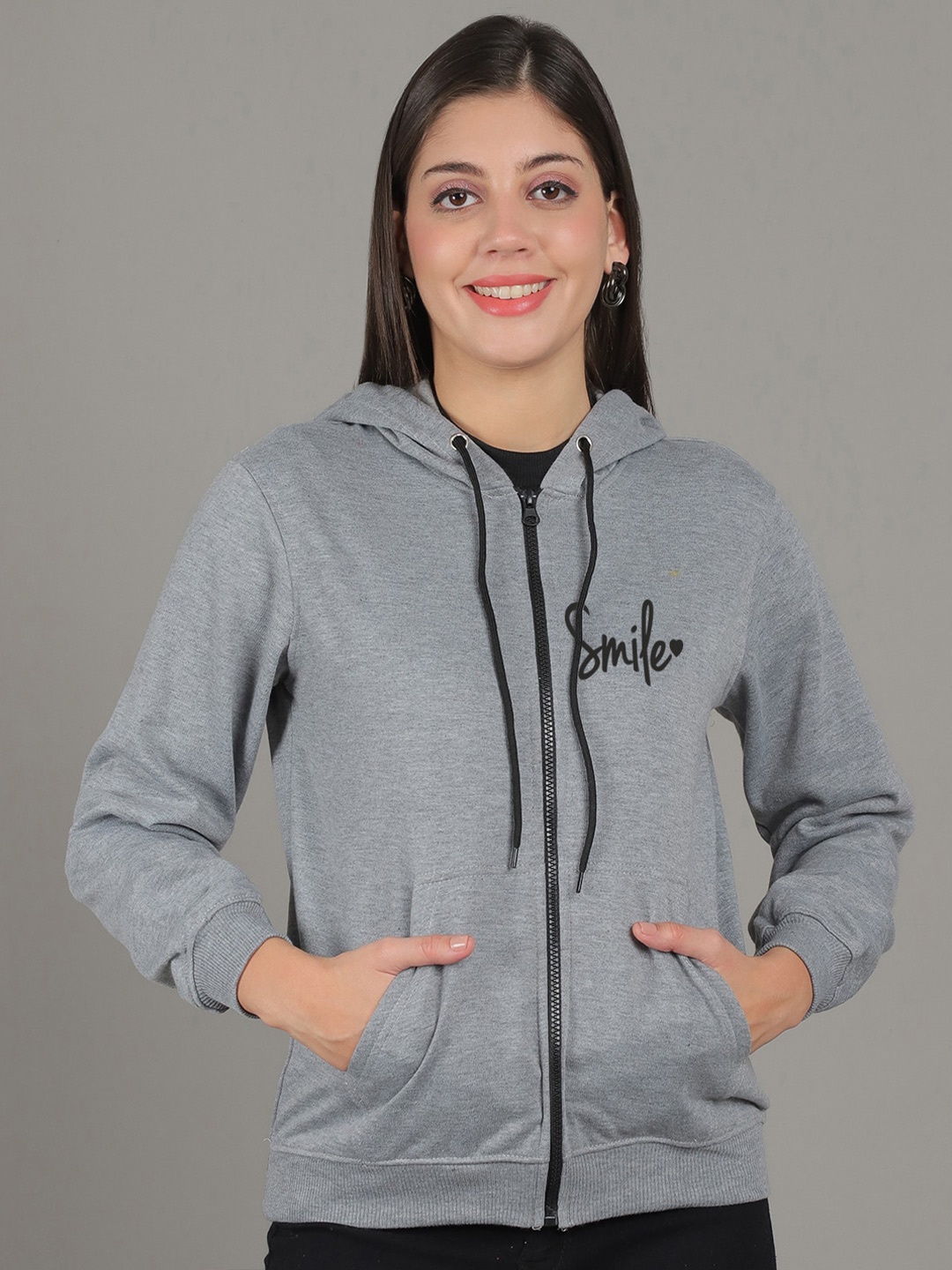 

GRACIT Typography Printed Hooded Neck Long Sleeve Fleece Front-Open Sweatshirt, Grey