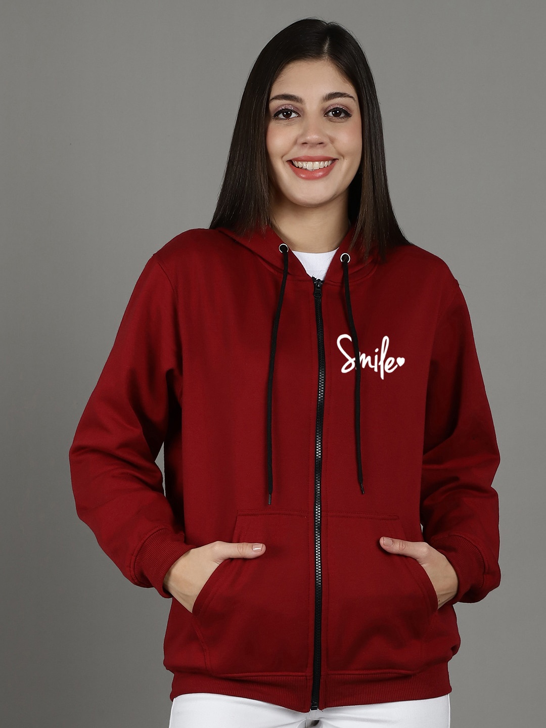 

GRACIT Printed Hooded Fleece Front Open Sweatshirt, Maroon