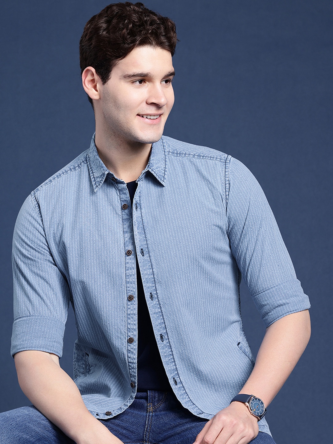 

Mast & Harbour Men Multi Stripes Casual Shirt, Blue