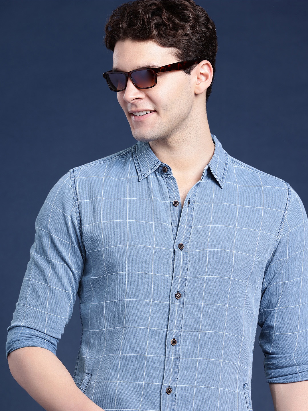 

Mast & Harbour Men Windowpane Checks Opaque Checked Casual Shirt, Blue