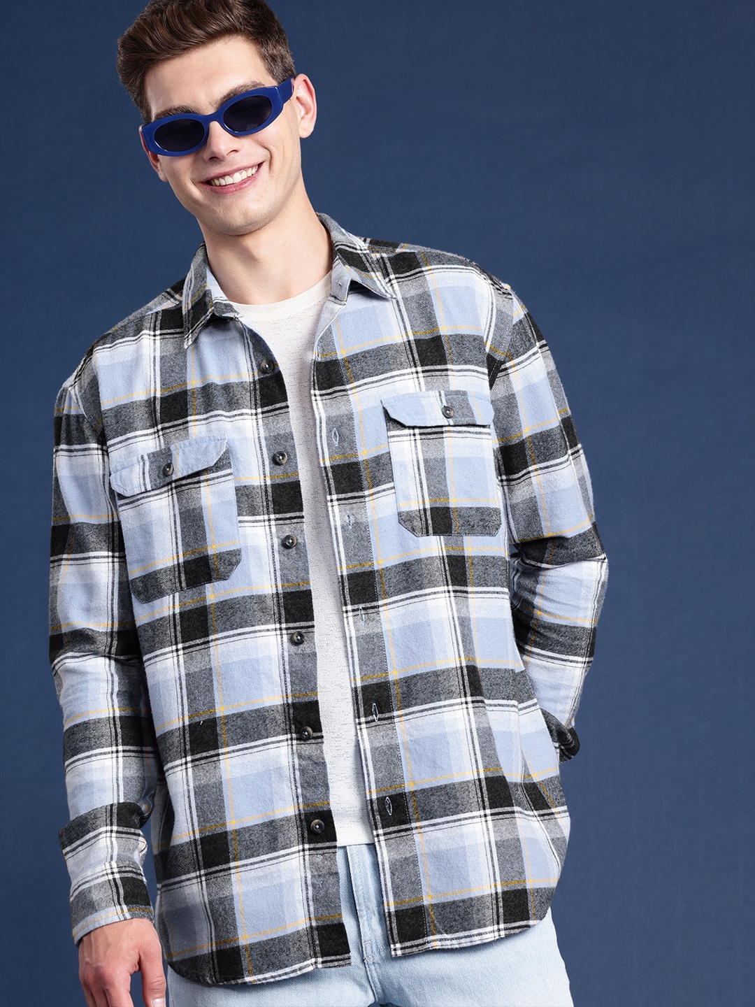 

Mast & Harbour Men Slim Fit Checked Pure Cotton Casual Shirt, Blue