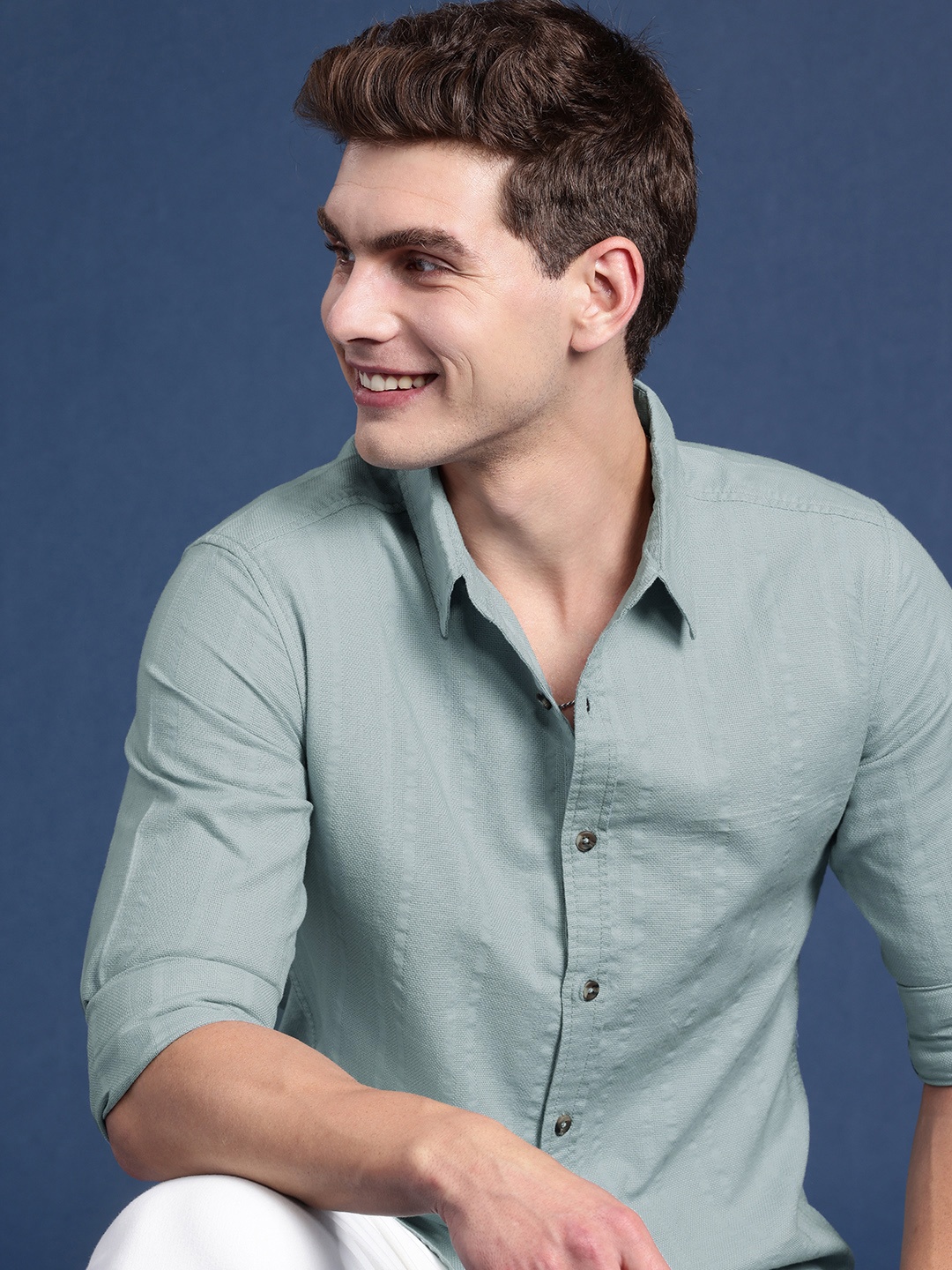 

Mast & Harbour Men Striped Pure Cotton Casual Shirt, Steel