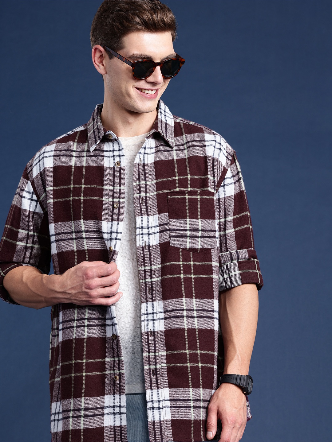 

Mast & Harbour Men Slim Fit Checked Pure Cotton Casual Shirt, Maroon