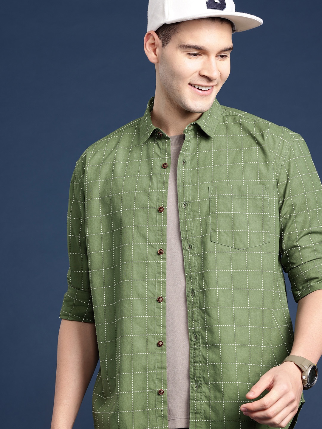 

Mast & Harbour Men Windowpane Checked Casual Shirt, Green