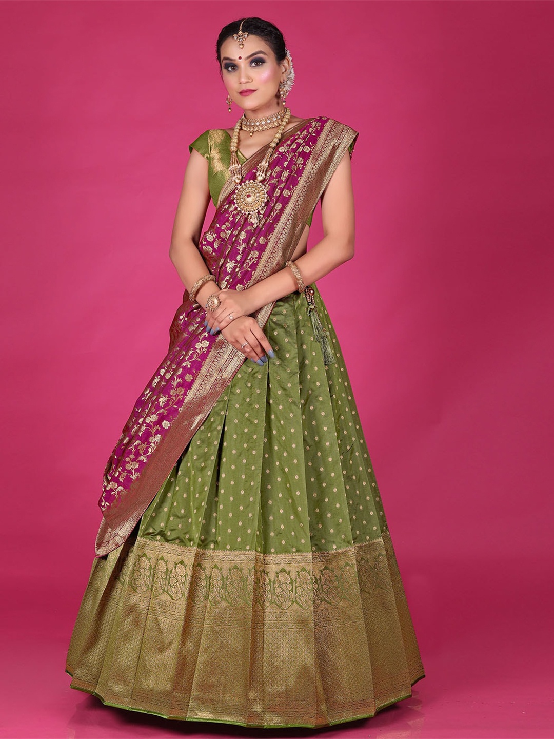 

HALFSAREE STUDIO Woven Design Art Silk Semi-Stitched Lehenga & Unstitched Blouse & Dupatta, Olive