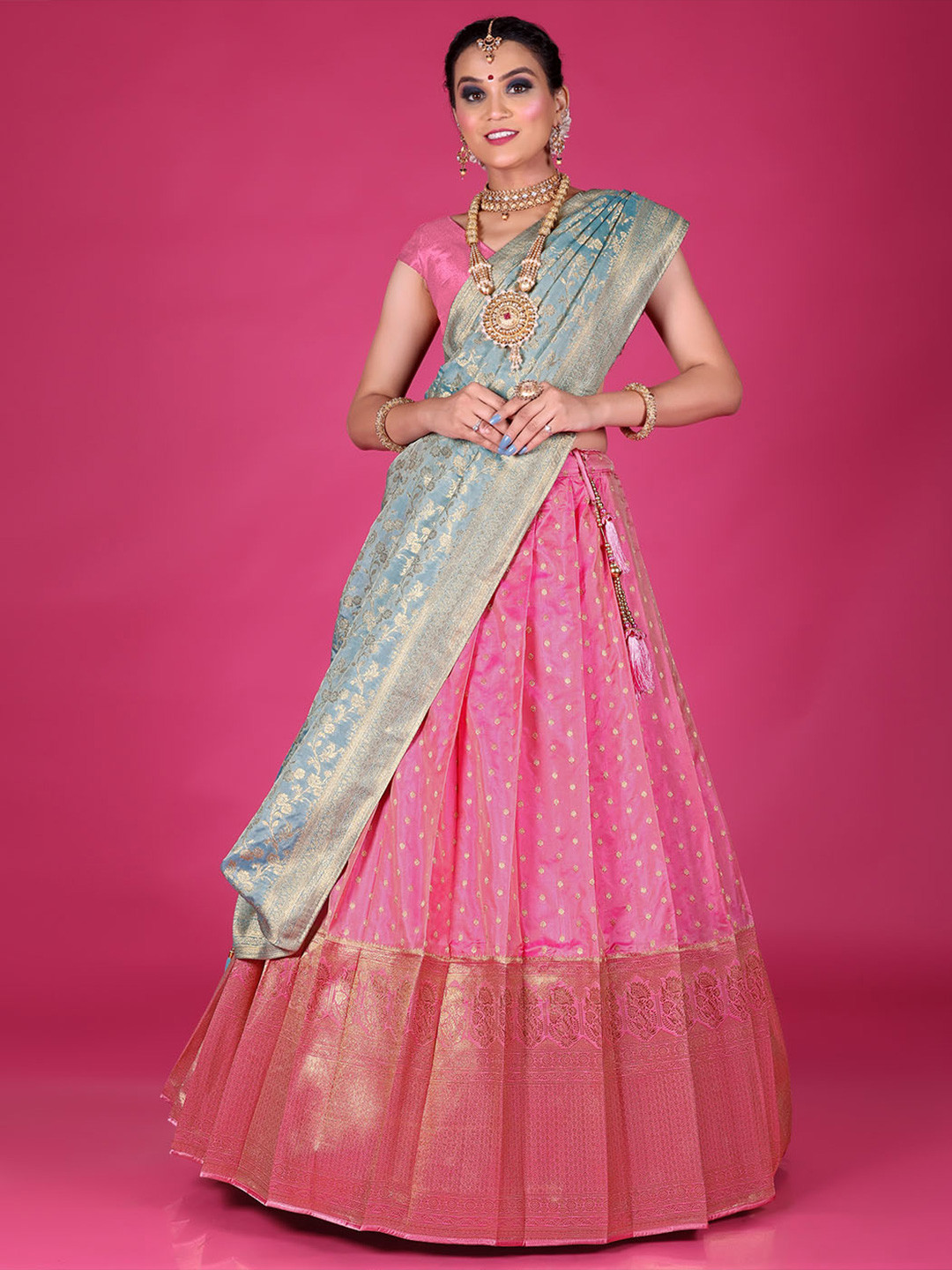 

HALFSAREE STUDIO Ethnic Motifs Woven Design Semi Stitched Lehenga Choli, Pink