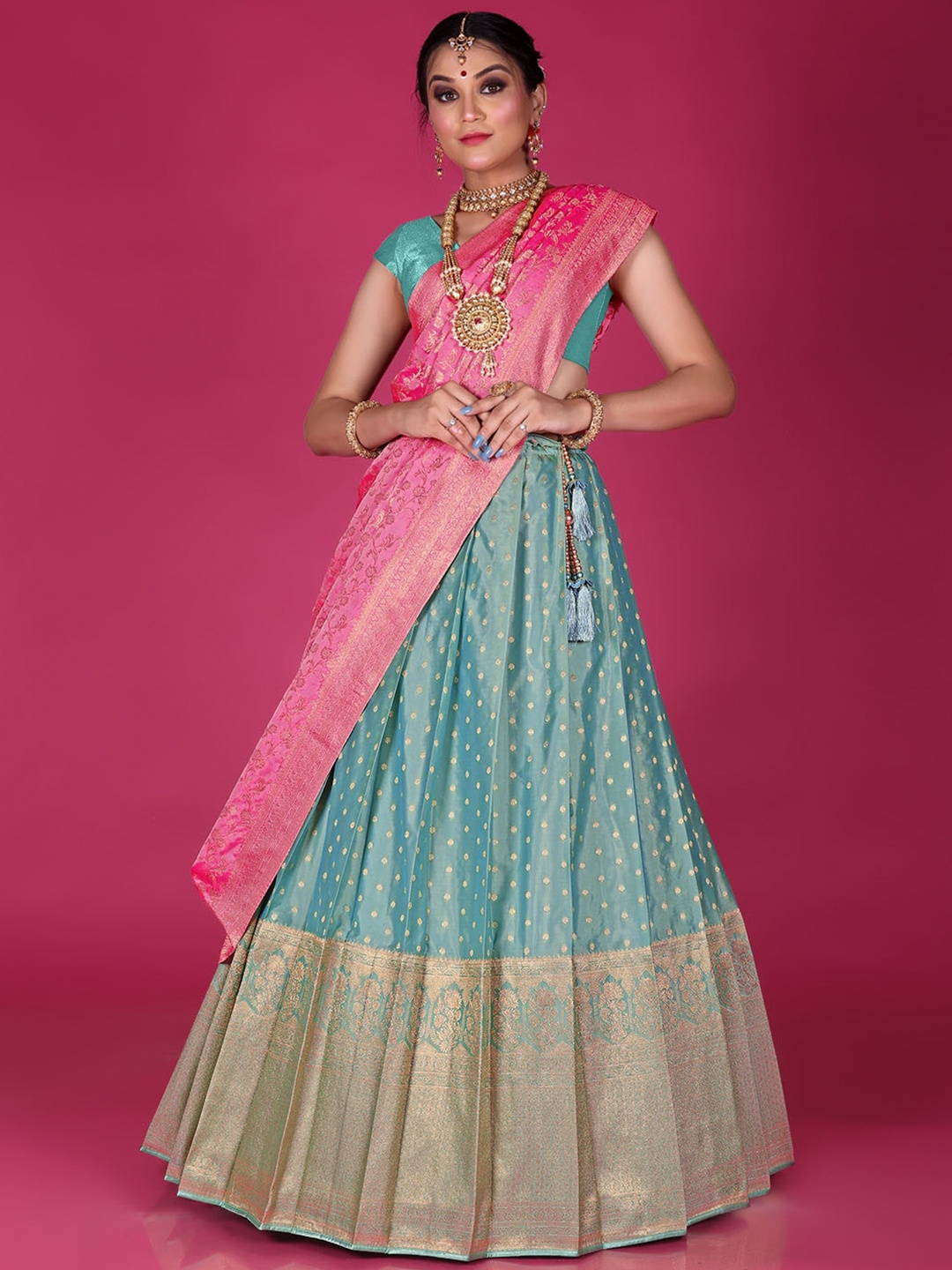 

HALFSAREE STUDIO Ethnic Motifs Zari Art Silk Lehenga Set With Dupatta, Blue