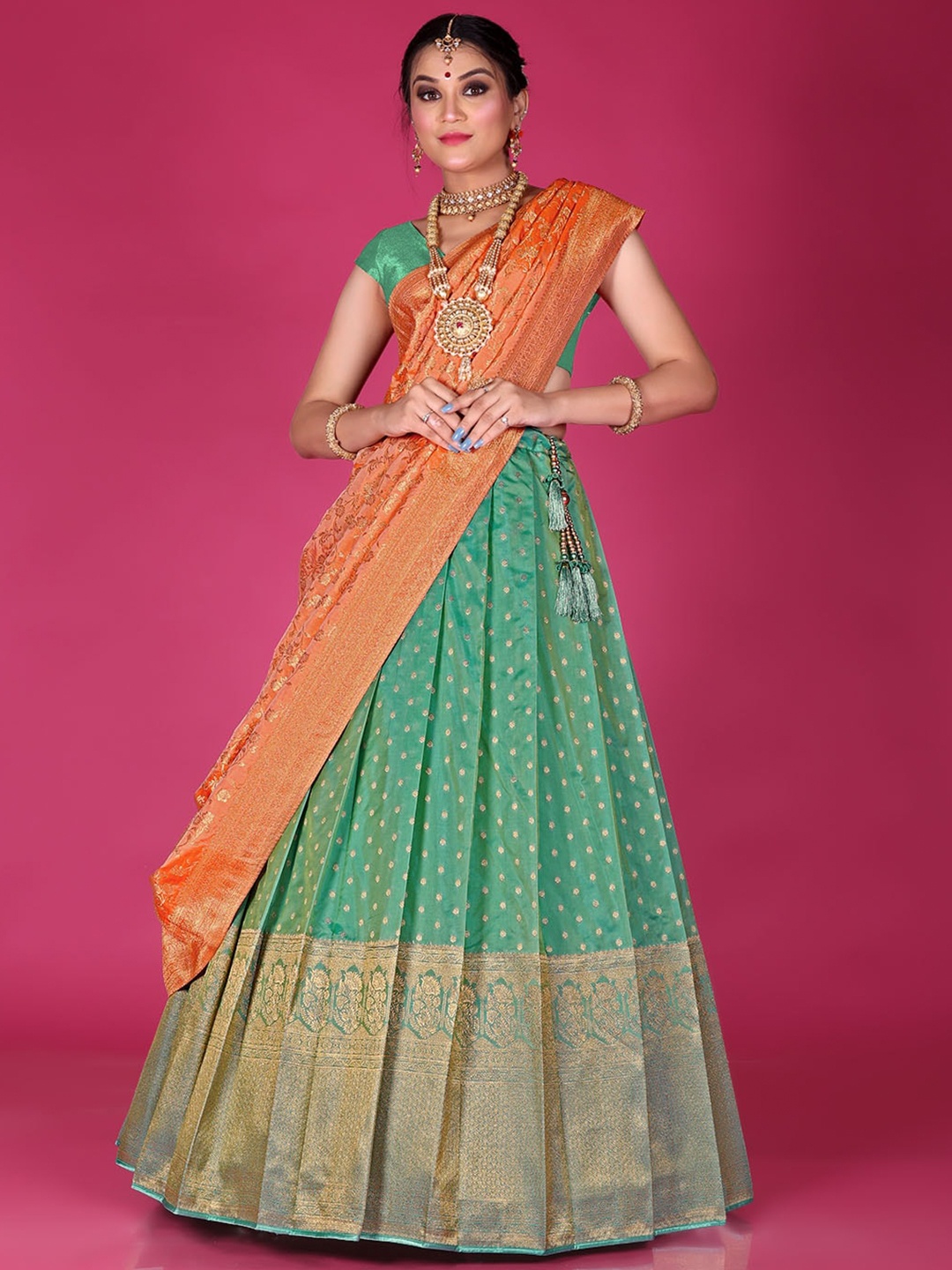

HALFSAREE STUDIO Ethnic Motifs Woven Design Semi Stitched Lehenga Choli, Sea green