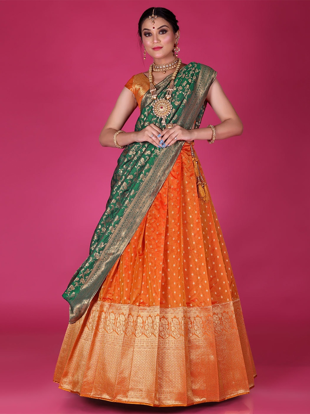

HALFSAREE STUDIO Woven Design Art Silk Semi-Stitched Lehenga & Unstitched Blouse & Dupatta, Mustard