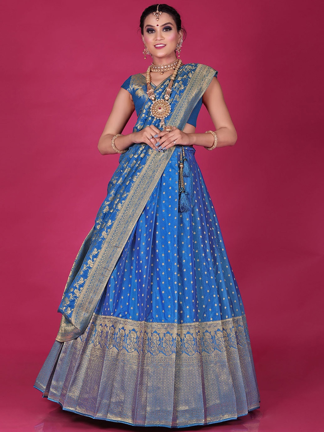 

HALFSAREE STUDIO Ethnic Motifs Woven Design Semi Stitched Lehenga Choli, Blue